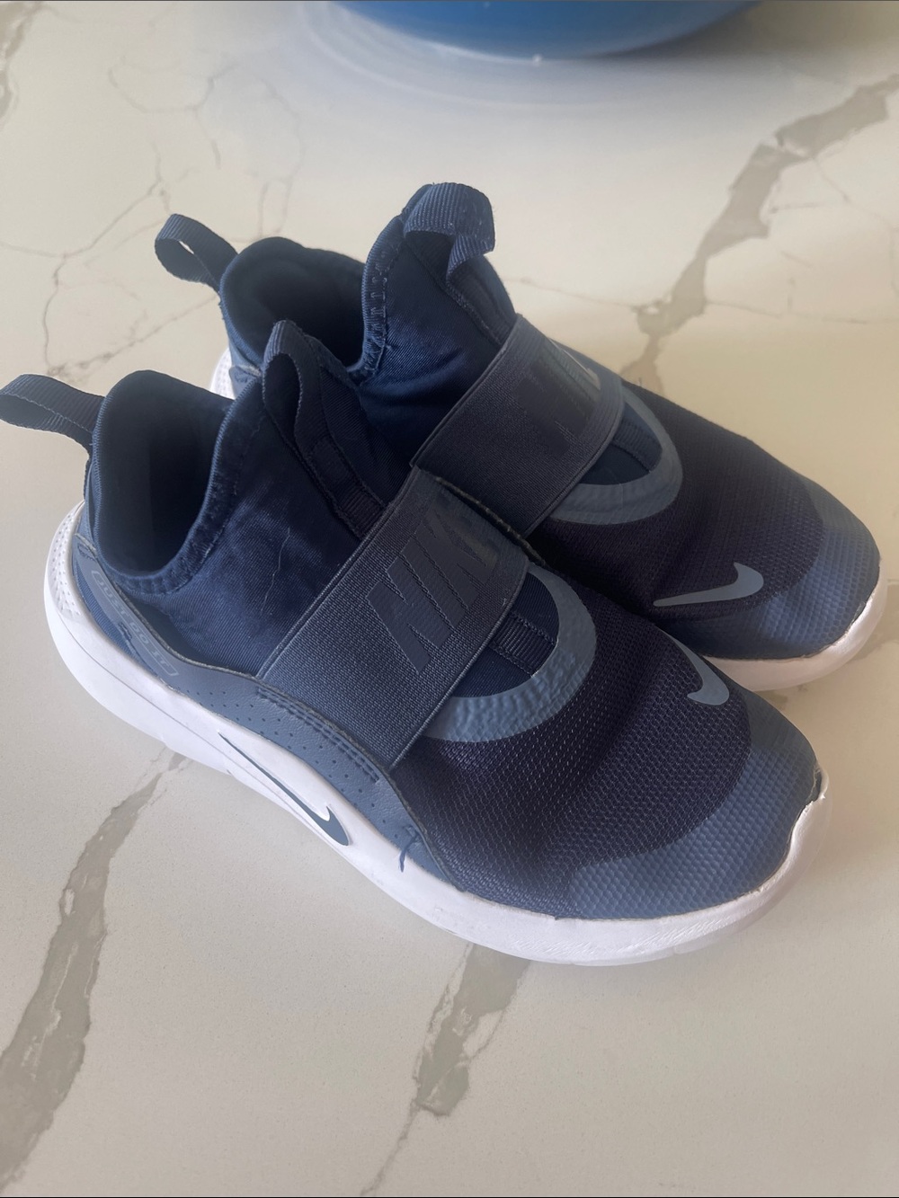 Nike Kids Navy and White Slip-On Athletic Sneakers with Hook Strap
